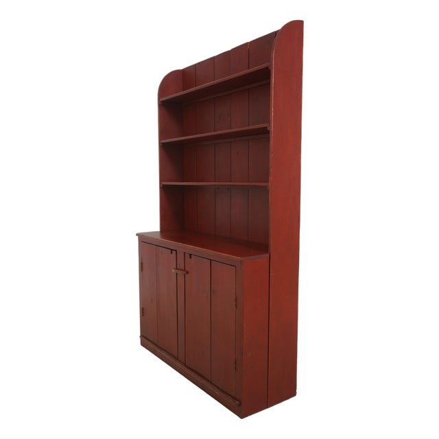 Country Red Paint Decorated Step Back Cupboard Hutch For Sale