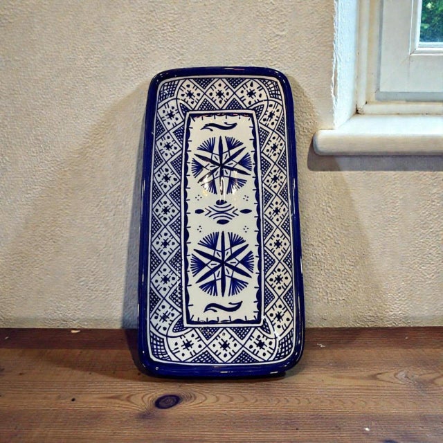2020s Handmade Moroccan Ceramic Serving Tray – Blue & White Hand-Painted Rectangular Plate, Safi Pottery, Boho Kitchen Decor, Rustic TablewareGift For Sale - Image 5 of 8