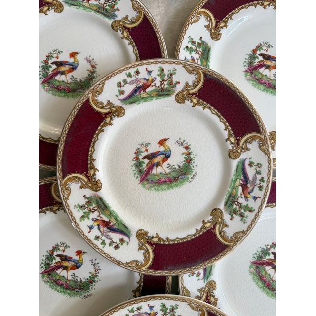 Art Deco 1930s Myott Staffordshire Chelsea Bird Salad Plates Burgundy Gold English China - Set of Eight (8) 7 7/8” For Sale - Image 3 of 11