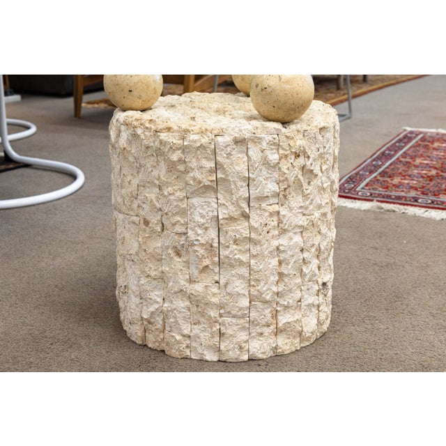 1980s Pair of 80s Postmodern Tessellated Stone and Glass Top Circular Side End Tables For Sale - Image 5 of 9