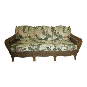 1980s Wicker Rattan Sofa With Fabric Cushion by Braxton Culler Furniture