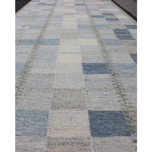 Cornflower Blue Modern Scandinavian Flat-Weave Runner in Gray, Taupe and Blue With Square Shapes For Sale - Image 8 of 11