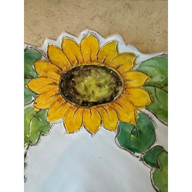 White Vintage 13.5” Italian Sunflower Incised, Glazed Handpainted Terracotta Platter For Sale - Image 8 of 16