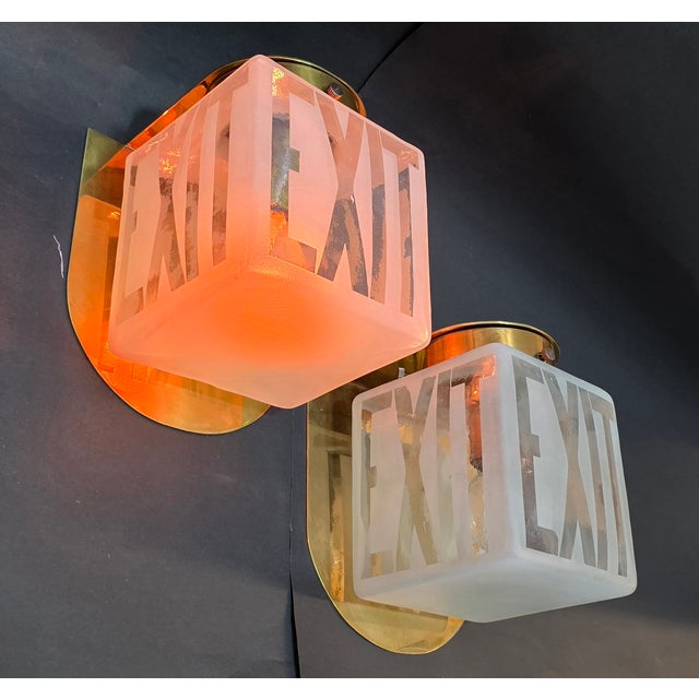 1940s Vintage Art Deco Light Old Lamp Wall Sconces Fixture Brass & Exit Frosted Cube Glass Shade Lamp Ship Light - a Pair For Sale - Image 5 of 5
