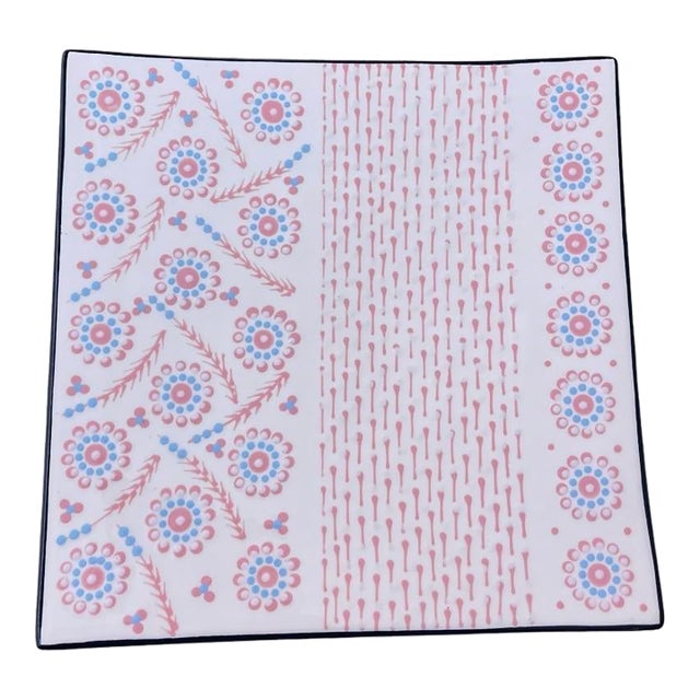 Vintage South African Square Ceramic Serving Platter – Pink & Light Blue Bohemian Dotted Floral Design For Sale
