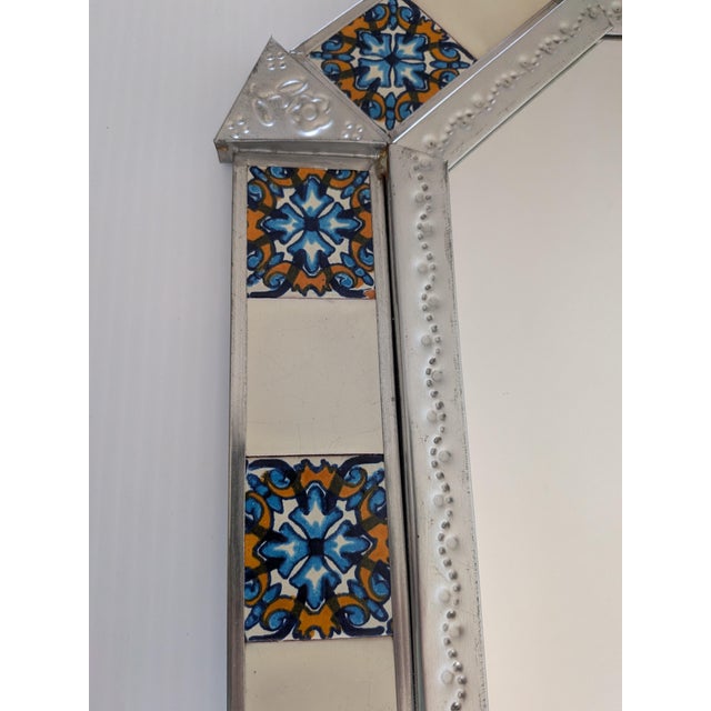 Mexican Vintage Mexican Hojalata Punched Tin Talavera Tile Mirror Signed For Sale - Image 3 of 7
