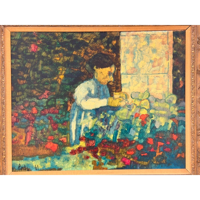 Red 1961 American Donal Purdy Modernist Composition of a Female Figure in a Vibrant Garden Setting Frame Oil Art on Masonite. For Sale - Image 8 of 10