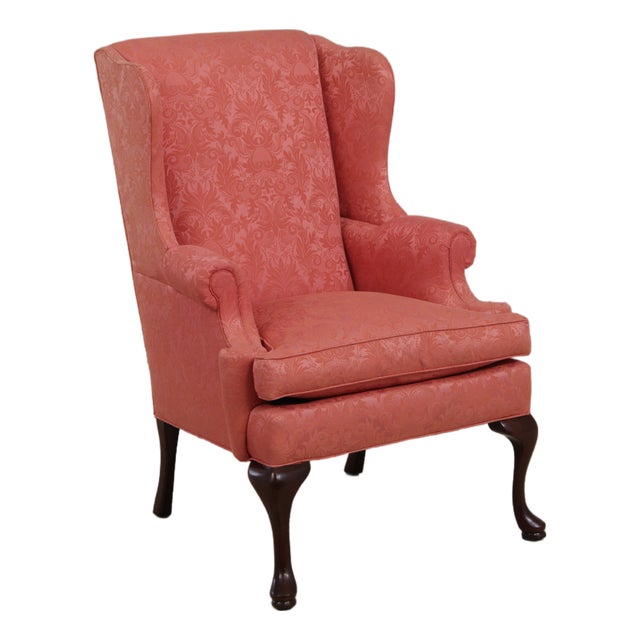 Hancock & Moore Damask Upholstered Wing Chair For Sale