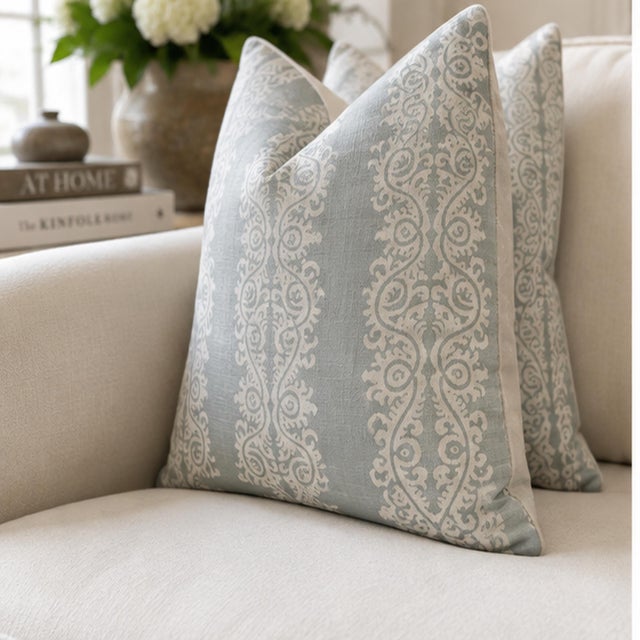 A beautiful pair of custom designer pillows handcrafted from Ellery Stripe by Anna French for Thibaut in the White on Soft...
