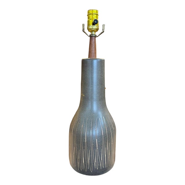 Jane and Gordon Martz Bottle Form Incised Grey and Beige Ceramic Table Lamp for Marshall Studios For Sale
