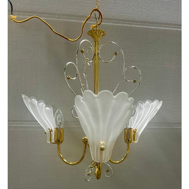 Metal Vintage Brass and Silver Three-Light Shell Chandelier, 1984 For Sale - Image 7 of 7