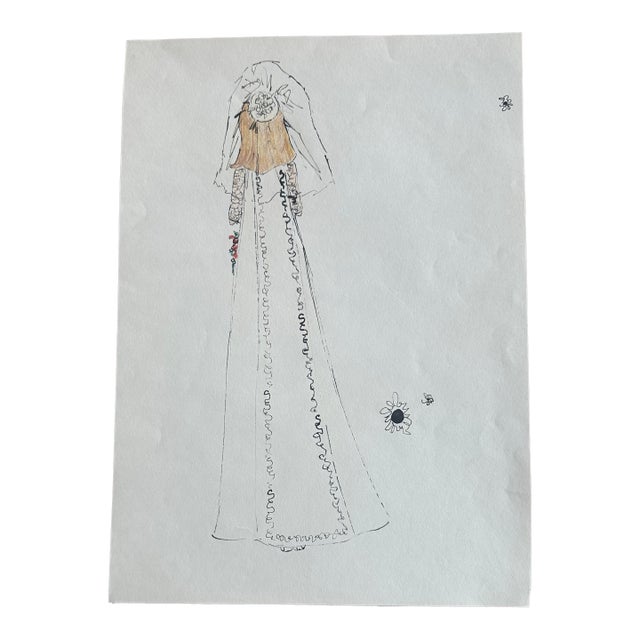 “Vintage Bridal Back View – Lace Train & Veil Illustration” For Sale