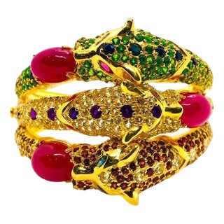 Bochic "Capri" Vintage Ruby, Sapphire, Tsavorite & Garant Bangle Set In 18K Gold For Sale