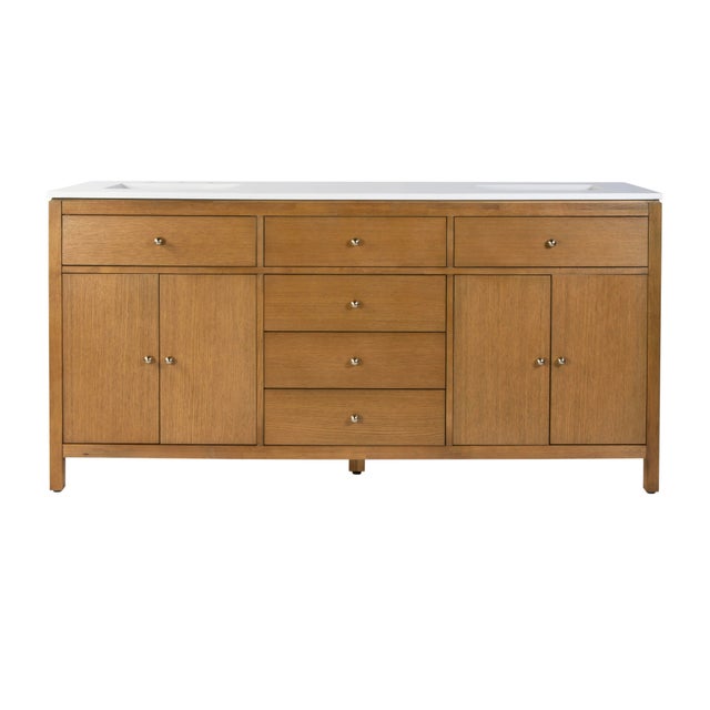 Nora 72 in. W Quartz and Wood Double Sink 4 Drawer Bathroom Vanity Set, Light Natural For Sale In Chicago - Image 6 of 11