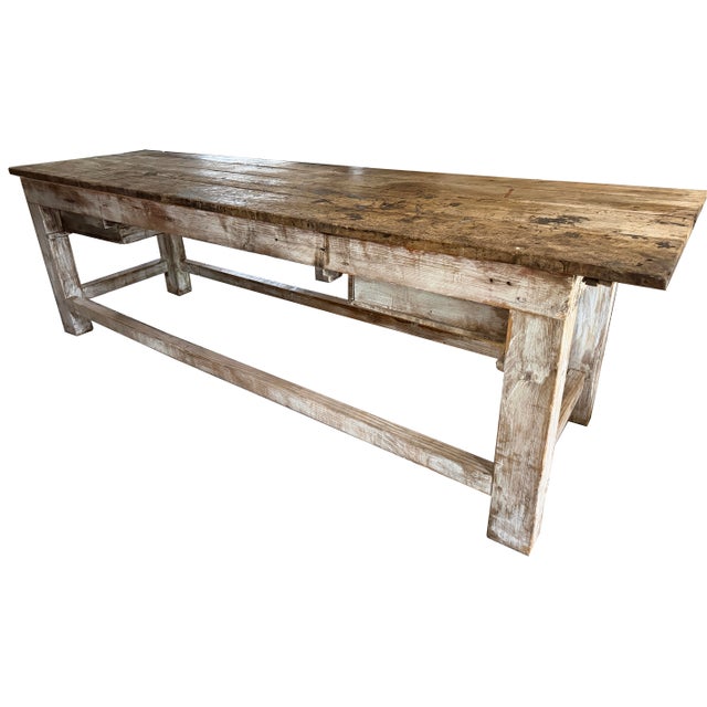 Farmhouse Exceptional 9 Ft Antique French Primitive 2-Drawer Work Table For Sale - Image 3 of 16