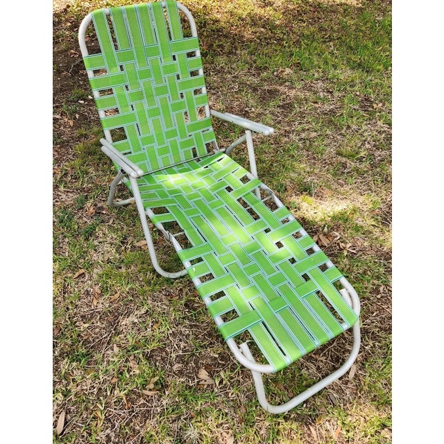Mid-Century Modern Vintage MCM Aluminum Webbed Folding Beach Pool Lawn Chair Chaise Lounge For Sale - Image 3 of 6