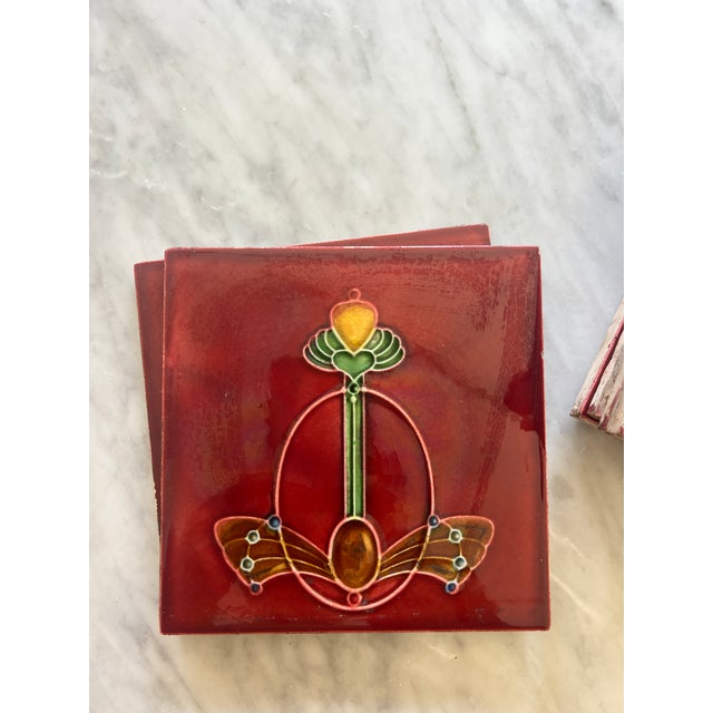Art Nouveau Red Jewel Tile Moulded Majolica T & R Boote England, 1905 For Sale - Image 4 of 6