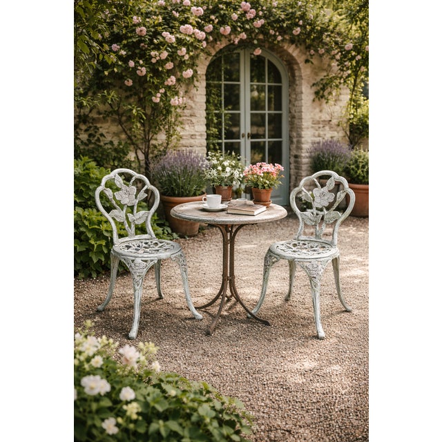 A pair of vintage cast iron garden chairs featuring Victorian-style scrollwork and floral detailing. The gracefully arched...