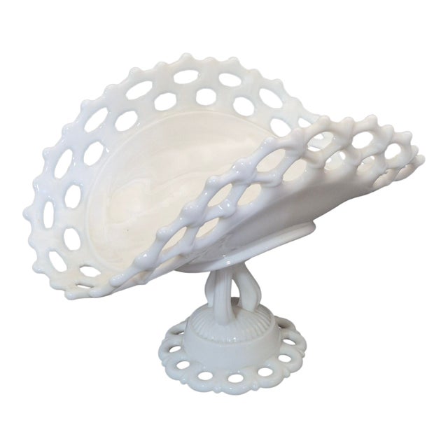 Glass Vintage Westmoreland Milk Glass Lace Pedestal Center Piece Oval Basket Serving Platter For Sale - Image 7 of 7