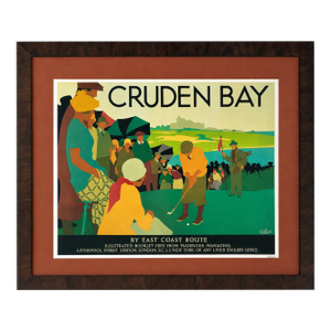Vintage-Style Travel Golf Poster Cruden Bay Featuring Artwork by Tom Purvis, Framed