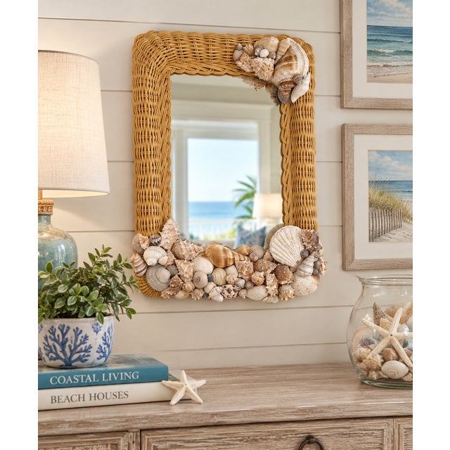1980s Vintage Small Wicker Mirror With Seashell Embellishments For Sale - Image 13 of 13
