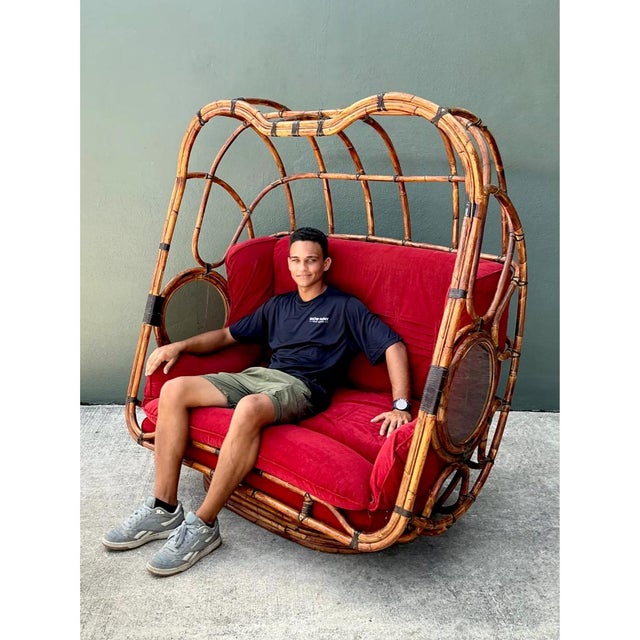 Vintage Bent Rattan Swivel Lounge Chair With Flip Down Side Tables For Sale - Image 12 of 12