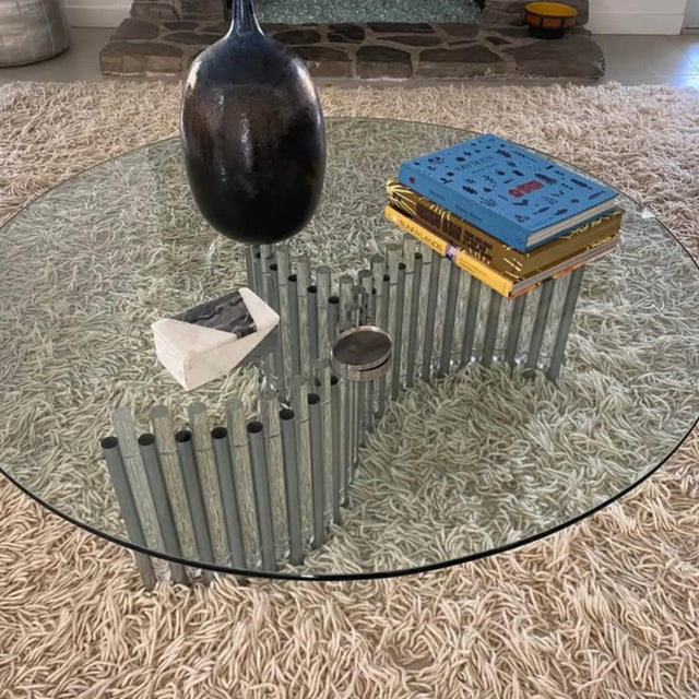 Charles Hollis Jones Post-Modern Glass Coffee Table Serpentine Picket Base of Frosted Lucite and Chrome Rods For Sale - Image 4 of 6