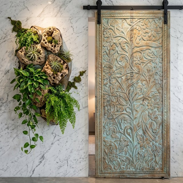 Hand-Carved Tree of Life Wall Panel Door | Rustic Floral Wooden Art | Vintage Barn Door For Sale - Image 9 of 9
