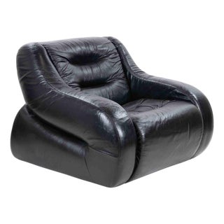 Vintage Black Leather Lounge Armchair, Italy, 1970s For Sale