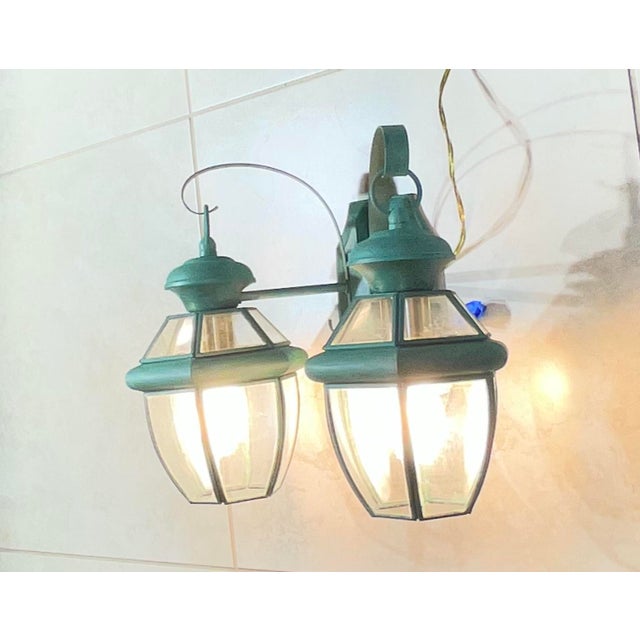 Vintage Brass 2-Light Outdoor Wall Lantern -15” W X 12”h X 8”h For Sale - Image 4 of 10