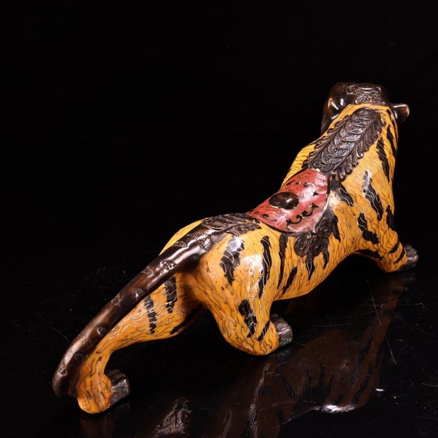 Vintage Cloisonne Enamel Tiger Figure – 12.2" Gilt Striped Beast Sculpture For Sale - Image 4 of 10