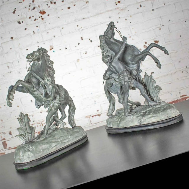 Antique Detailed Spelter Marly Rearing Horse & Groom Sculptures After Guillaume Coustou - a Pair For Sale - Image 9 of 13