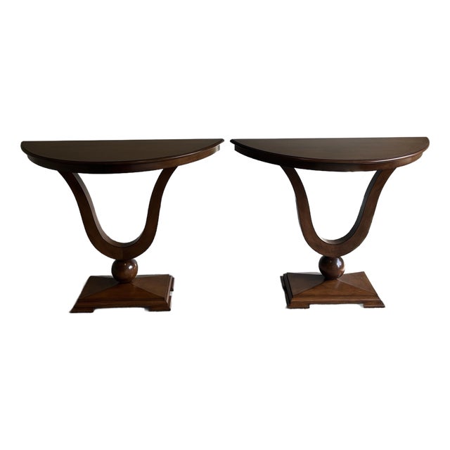 Pair of Attributed J. Alexander Sardinia Neoclassical Demi-Lune Console Tables For Sale