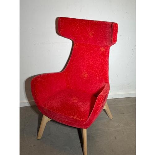 High Back Accent Lounge Chair in Red Floral Velvet For Sale - Image 5 of 8