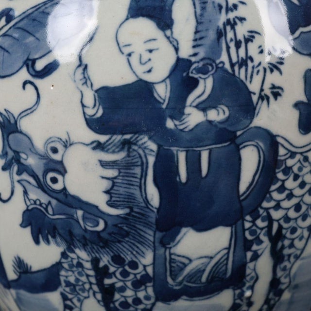 Blue 1960s Blue and White Porcelain Lidded Ginger Jar With "Qilin Bringing a Child" Motif - 6" H For Sale - Image 8 of 9