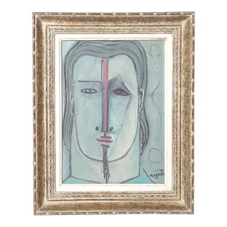 Mid-Century Modernist Abstract Cubist Portrait in Oil on Canvas Signed Augusti For Sale