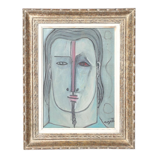 Mid-Century Modernist Abstract Cubist Portrait in Oil on Canvas Signed Augusti For Sale