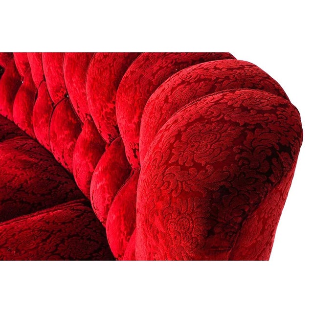 1950s Ruby Red Tufted Demask Velvet Sofa Danish Mid Century Modern For Sale - Image 12 of 12
