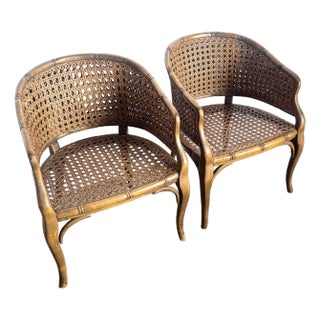 Vintage Italian Faux Bamboo Cane Barrel Chairs - A Pair For Sale