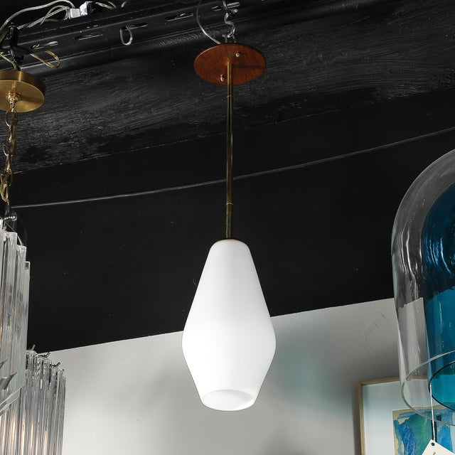 Mid-Century Modern Frosted Glass & Walnut Pendant Chandelier With Brass Fittings For Sale - Image 9 of 17