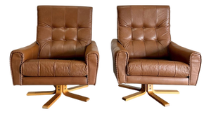 Mid Century Caramel Leather and Beech Swivel Chairs, Baseball Glove Stitching, 2 Pieces
