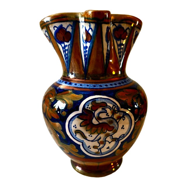 Vintage Italian Majolica Luster Griffin Pitcher, Hand-Painted Renaissance Revival For Sale
