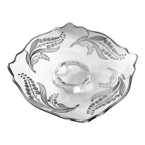 Vintage Pressed Glass Footed Serving Platter With Inlaid Sterling Silver Lily of the Valley