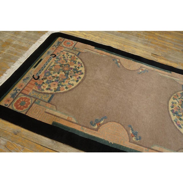 1920s Tan Ecru Medallion Antique Chinese Art Deco Carpet 4' X 6' 9'' Knotted Wool Rug For Sale - Image 4 of 12