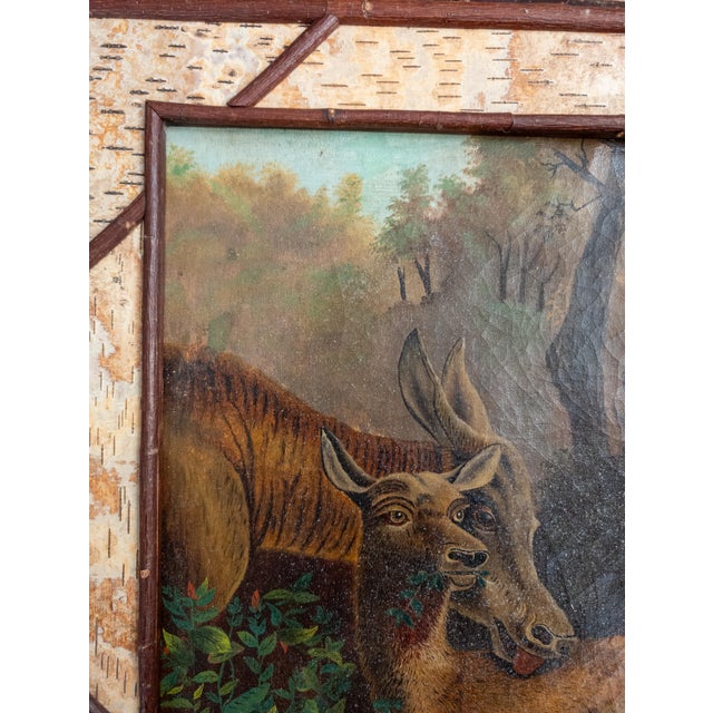 Wood Early 20th Century Rustic Adirondack Cabin Folk Art Painting of Deer For Sale - Image 7 of 15