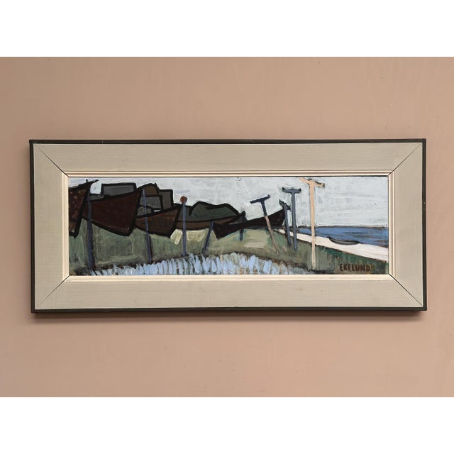 Original Vintage Swedish Oil on Panel – “Coastal Landscape with Beached Boats” by Ivar Ekelund (1908–2002) – Signed –...