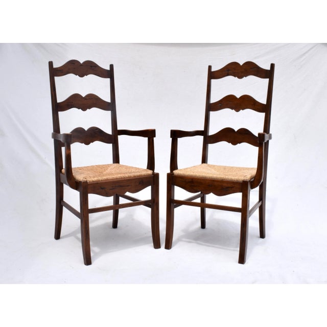 Wood Late 20th Century European Ladder Back Folk Rush Seat Arm Chairs For Sale - Image 7 of 11