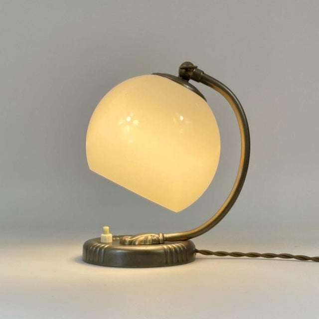 Cream Art Deco Bronzed Brass and Opaline Glass Table Lamp, Germany, 1930s For Sale - Image 8 of 14