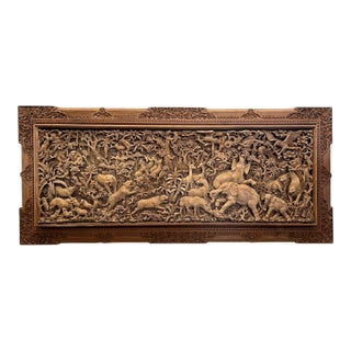 Monumental Indonesian Architectural Carved Teak Relief Wall Panel For Sale