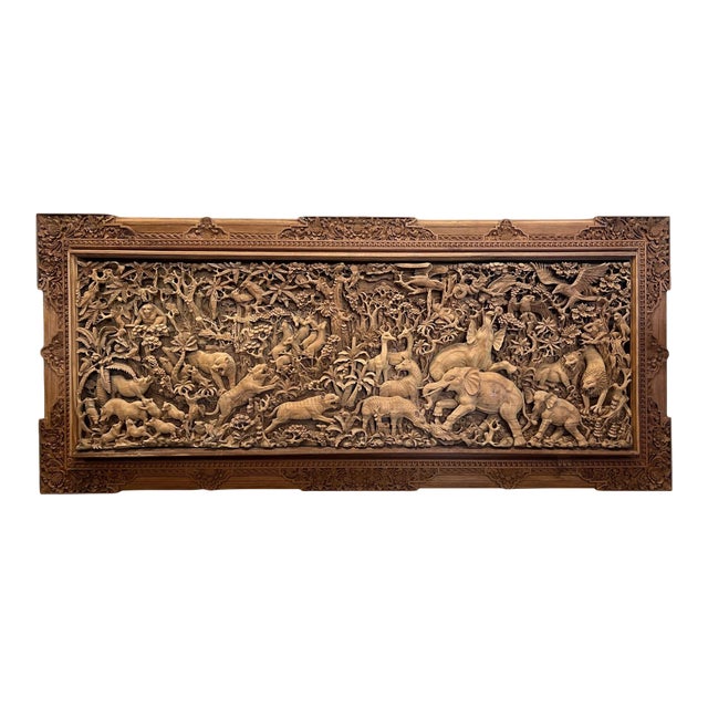 Monumental Indonesian Architectural Carved Teak Relief Wall Panel For Sale